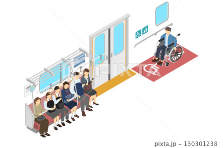 アイソメトリックイラスト：電車の座席と車椅子スペース 130301238