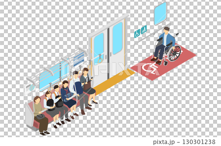 Isometric illustration: train seats and wheelchair space Isometric illustration: train seats and wheelchair space 130301238