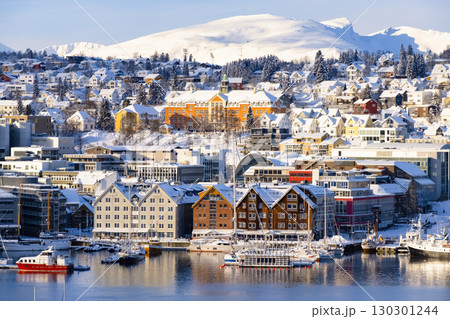 Tromso harbor with houses, fjord, cruise ships and downtown on sunny winter day Norway travel Tromso harbor with houses, fjord, cruise ships and downtown on sunny winter day Norway travel 130301244