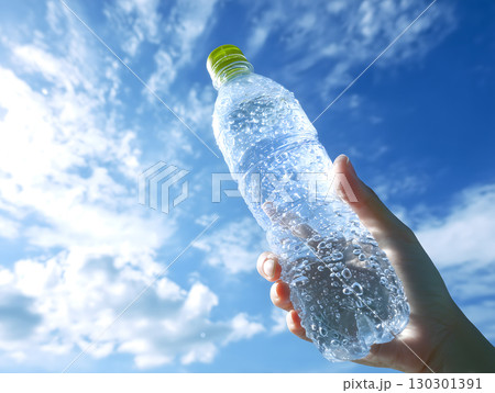 青空に掲げられた冷たいペットボトルの水と夏の爽快感 青空に掲げられた冷たいペットボトルの水と夏の爽快感 130301391