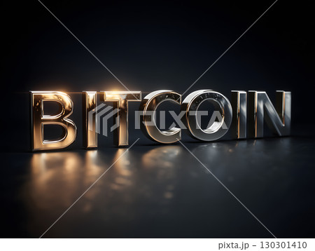 暗闇に輝く金属光沢のビットコイン3Dロゴ高級感あふれる仮想通貨イメージ素材 130301410