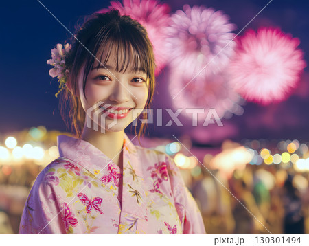 浴衣姿の笑顔の美少女と夏祭り夜空に咲く花火大会の風景 浴衣姿の笑顔の美少女と夏祭り夜空に咲く花火大会の風景 130301494