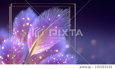 Glowing Purple Feather with Golden Quill in a Modern Display, Abstract Light Art 130301538