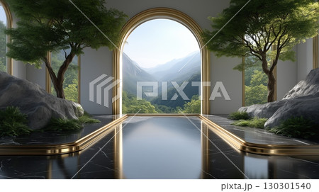 Golden Archway Opening to Lush Mountain Valley with Trees and Reflective Marble Floor 130301540