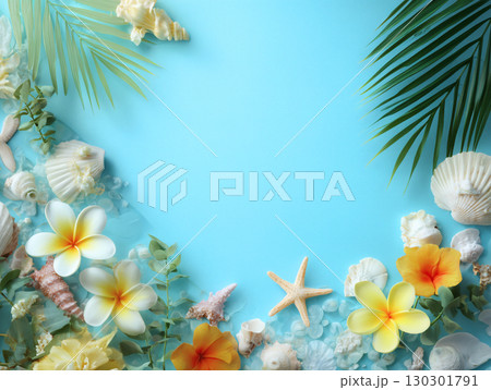 水色の背景の周りを白い貝殻やヒトデヤシの葉そして白と黄色のプルメリアが彩る夏のフレーム背景素材 130301791