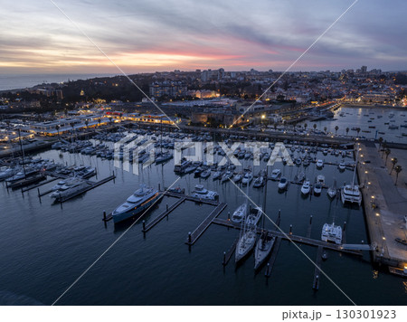 Cascais Port Marine at Night after sunset, Blue Hour, Twilights. Aerial, Illuminated City of Cascais, Lisbon, Portugal 130301923