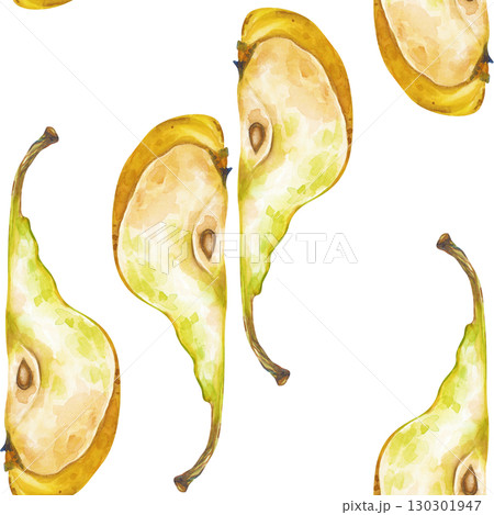 Seamless pattern of hand-drawn slices of ripe pears. Fruits are isolated on a white background. Watercolor illustration. A botanical template for packaging, wallpaper, tableware, and textiles Seamless pattern of hand-drawn slices of ripe pears. Fruits are isolated on a white background. Watercolor illustration. A botanical template for packaging, wallpaper, tableware, and textiles 130301947
