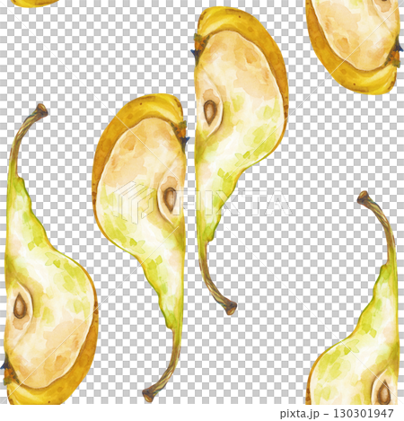 Seamless pattern of hand-drawn slices of ripe pears. Fruits are isolated on a white background. Watercolor illustration. A botanical template for packaging, wallpaper, tableware, and textiles Seamless pattern of hand-drawn slices of ripe pears. Fruits are isolated on a white background. Watercolor illustration. A botanical template for packaging, wallpaper, tableware, and textiles 130301947