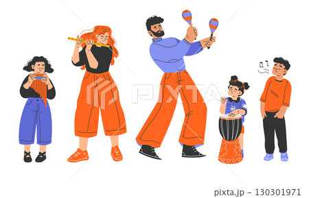 A Colorful Family Performing Exciting Acts with Musical Instruments and Fun Props 130301971