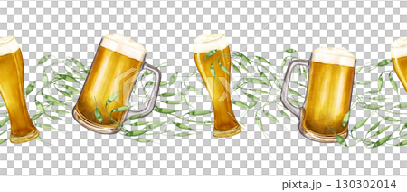 Amber beer pint glasses with foam among field grass seamless watercolor banner on isolated background. Traditional alcohol drink for autumn festivals, party. Pattern for holiday decor, posters. Amber beer pint glasses with foam among field grass seamless watercolor banner on isolated background. Traditional alcohol drink for autumn festivals, party. Pattern for holiday decor, posters. 130302014