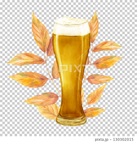 Watercolor golden beer glass and yellow orange ash leaves illustration on isolated background. Hand painted traditional autumn holiday drink for Oktoberfest holiday greeting card, bar or pub menu 130302015