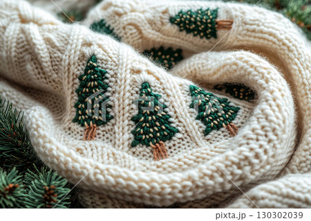 Winter Warmth. Vintage Vibes. Crocheted bright Christmas trees on a winter background. Christmas atmosphere. Creative hobby. Winter Warmth. Vintage Vibes. Crocheted bright Christmas trees on a winter background. Christmas atmosphere. Creative hobby. 130302039