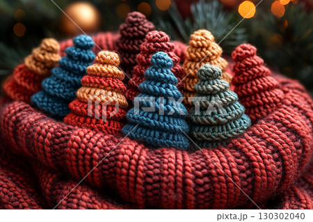 Cozy corner. Eco-friendly craft. Crocheted bright Christmas trees on a winter background. Christmas atmosphere. Creative hobby. Cozy corner. Eco-friendly craft. Crocheted bright Christmas trees on a winter background. Christmas atmosphere. Creative hobby. 130302040