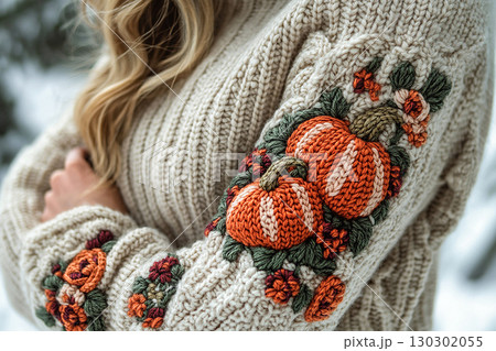 Creative hobby. Crochet details of pumpkin pattern on a modern garment. Autumn atmosphere in clothes. Trending in fashion. 130302055