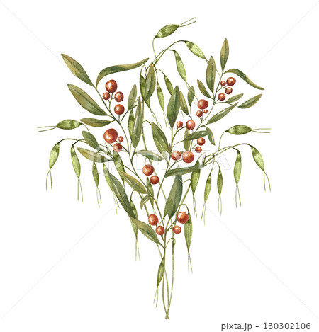 Watercolor wheat ears and red berries branches bouquet illustration on isolated background. Hand drawn autumn plant composition. For winter holiday design, autumn cards, harvest festival. Watercolor wheat ears and red berries branches bouquet illustration on isolated background. Hand drawn autumn plant composition. For winter holiday design, autumn cards, harvest festival. 130302106