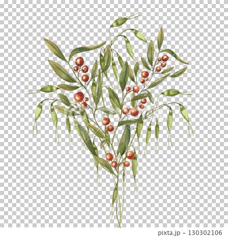 Watercolor wheat ears and red berries branches bouquet illustration on isolated background. Hand drawn autumn plant composition. For winter holiday design, autumn cards, harvest festival. 130302106