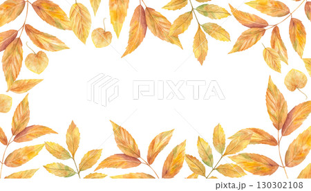 Rectangle frame of yellow orange ash leaves. Autumn tree leaf watercolor illustration on isolated background. Foliage for botanical design, holiday greeting card, label. Copy space for text 130302108