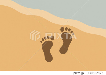 Minimalist flat illustration of two footprints in sand near water symbolizing mindfulness and calmness with soft colors and simple design 130302423