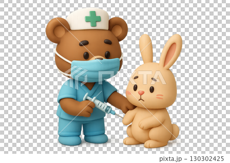 3d medical nurse bear with mask giving injection to sad bunny animal in cartoon style 130302425