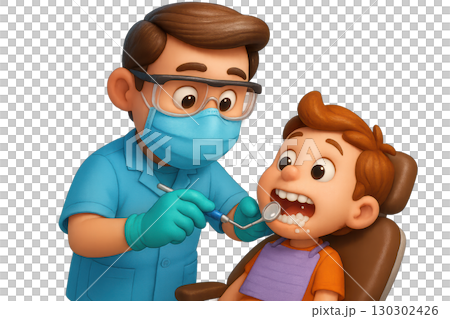 3d medical scene showing dentist wearing gloves and mask examining child teeth with dental tools in clinic, capturing caring and professional atmosphere 130302426