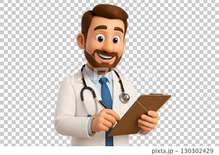 3d medical doctor male character with beard wearing white coat and stethoscope holding clipboard and pen smiling happily 3d medical doctor male character with beard wearing white coat and stethoscope holding clipboard and pen smiling happily 130302429