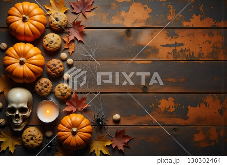 Halloween background with pumpkins, skull and spiders on rustic wood Halloween background with pumpkins, skull and spiders on rustic wood 130302464