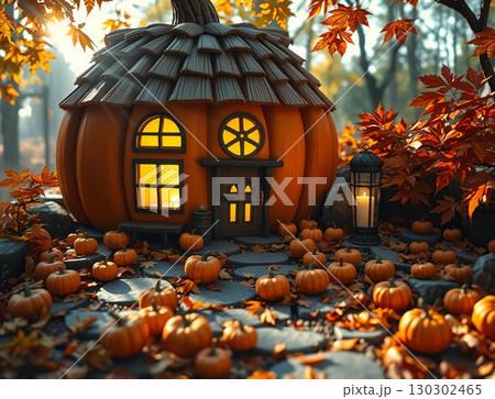 pumpkin house in autumn forest 130302465