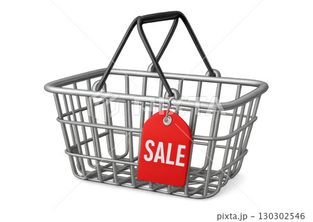 3d shopping basket with red sale tag hanging on handle, isolated on transparency background, representing discount and retail promotion in modern and attractive style 130302546
