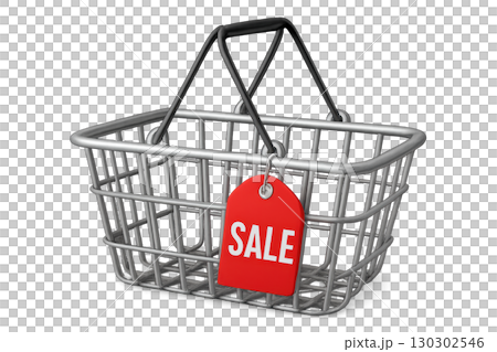 3d shopping basket with red sale tag hanging on handle, isolated on transparency background, representing discount and retail promotion in modern and attractive style 130302546