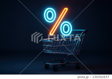 Holiday sale background with glowing neon percent sign above shopping cart creates festive and modern atmosphere perfect for seasonal discount promotions and retail advertising campaigns 130302637
