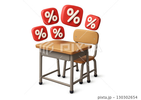 Back to school sale concept with classroom desk and chair surrounded by red percentage symbols, representing discounts and special offers for students and education supplies 130302654