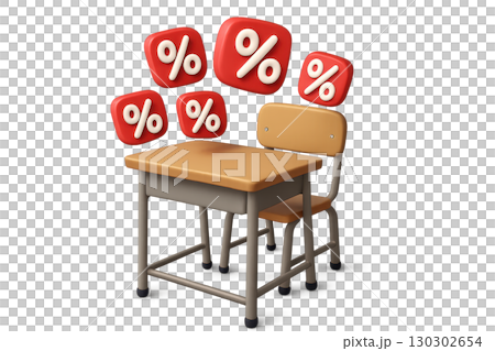 Back to school sale concept with classroom desk and chair surrounded by red percentage symbols, representing discounts and special offers for students and education supplies 130302654