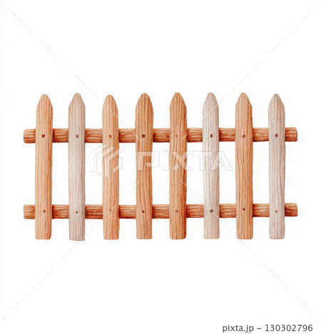 Watercolor wooden fence illustration with vertical slats and horizontal rails, rustic style, natural texture, isolated on white background, perfect for garden or outdoor design 130302796