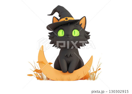 Adorable halloween black cat on crescent moon 130302915
