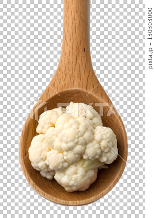 Fresh cauliflower florets in a rustic wooden spoon, healthy eating ingredient isolated on transparent background 130303000