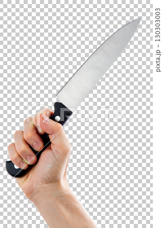 Chef's hand holding sharp stainless steel kitchen knife, culinary tool isolated on transparent background 130303003