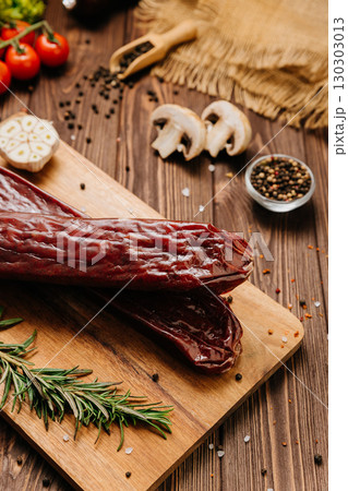 Smoked salami sticks on a wooden board, perfect for charcuterie boards and gourmet presentations 130303013