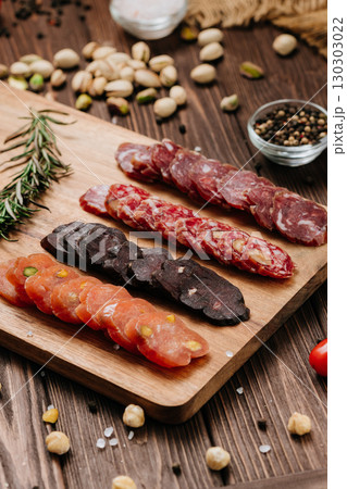 Close-up of gourmet sliced sausage with nuts on wooden board, traditional cured meat snack 130303022