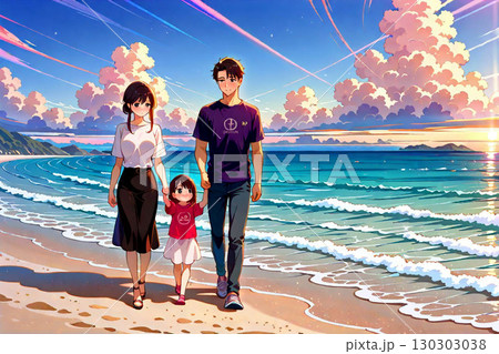 夏の砂浜と家族 130303038
