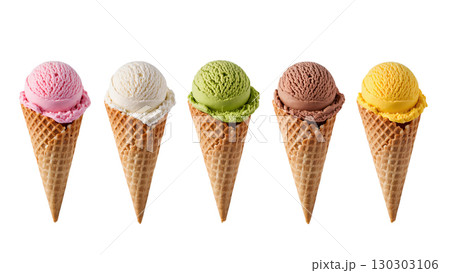 Five colorful ice cream scoops in waffle cones isolated on white background, vibrant frozen dessert display 130303106