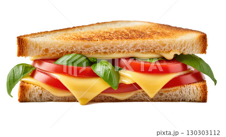 Grilled cheese sandwich with tomato slices and basil leaves isolated on white background, fresh and appetizing vegetarian snack 130303112