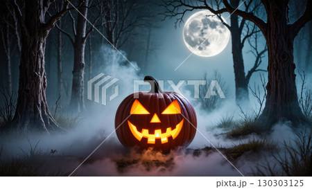 Glowing Halloween pumpkin with creepy face in foggy dark forest under full moon, spooky night scene Glowing Halloween pumpkin with creepy face in foggy dark forest under full moon, spooky night scene 130303125