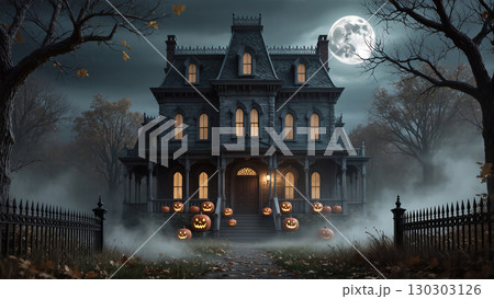 Haunted gothic mansion with glowing jack-o'-lanterns and full moon, spooky Halloween night scene with fog and eerie atmosphere 130303126