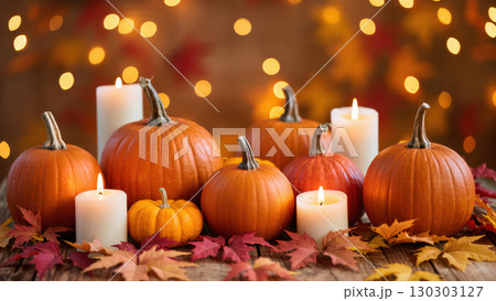 Pumpkins with candles and autumn leaves on wooden table, cozy seasonal Halloween and fall festive decoration 130303127