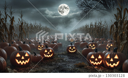Glowing jack-o'-lanterns in spooky pumpkin field under full moon with fog and corn stalks, Halloween night atmosphere 130303128