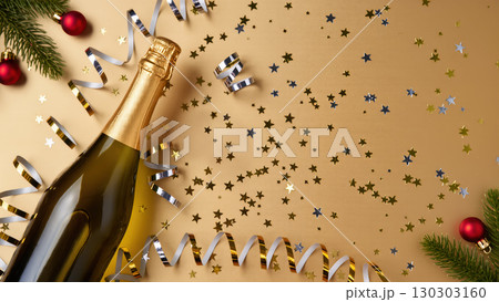 Champagne bottle with festive ribbons, stars, and Christmas ornaments on golden background for holiday celebration. 130303160