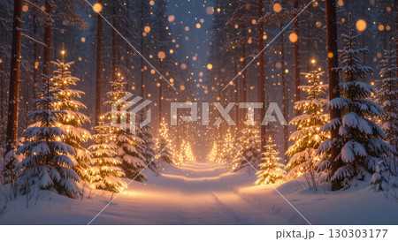 Christmas forest path with glowing decorated trees and falling snow at night creating magical festive winter atmosphere Christmas forest path with glowing decorated trees and falling snow at night creating magical festive winter atmosphere 130303177