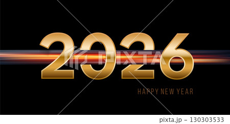 2026 New Year background. Golden numbers with horizontal glowing gradient line on black backdrop, elegant futuristic style for celebration, countdown, party invitation. Holiday vector design 130303533