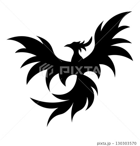 Phoenix Bird. Silhouette Vector Illustration. Black silhouette of a majestic phoenix bird with spread wings and decorative feathers. 130303570