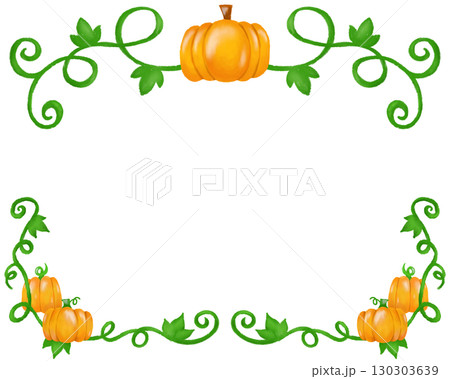 水彩風カボチャとつたのフレーム・背景素材、大人っぽい秋・ハロウィンの装飾罫線デザイン 130303639